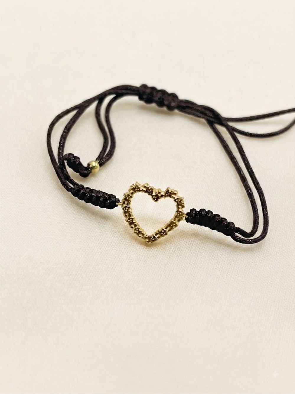 Delicate Gold Heart Cord Bracelet in Brown - Women's Jewelry